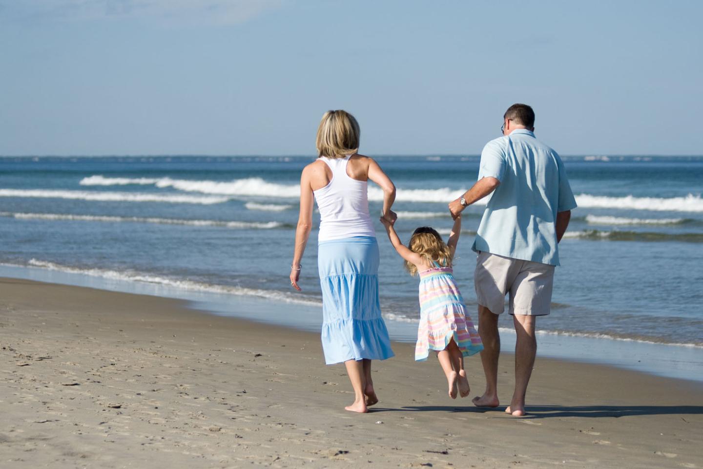 Family walking down the beach