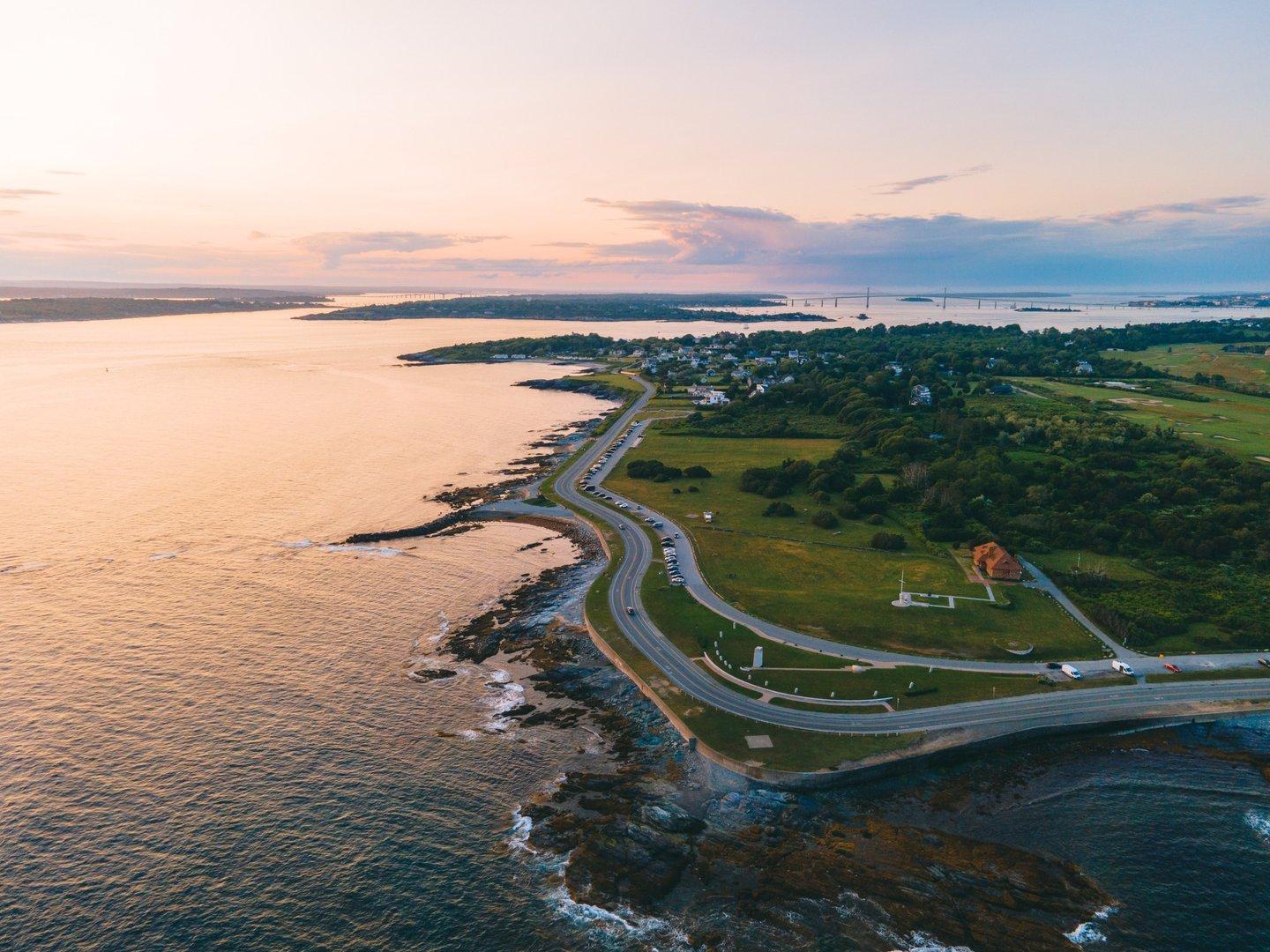 Sunset aerial view of a scenic shoreline