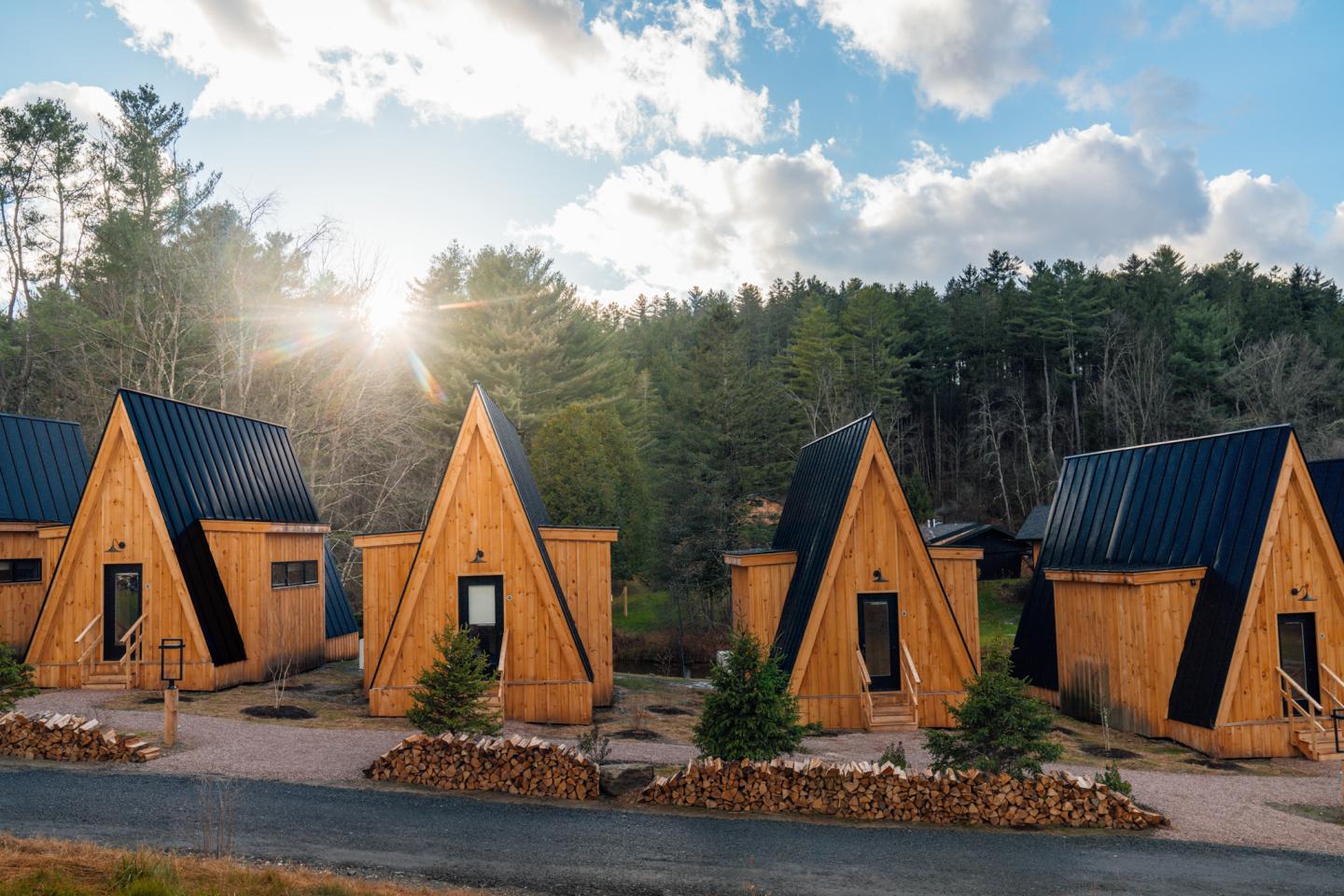 Exterior view of the cabins at AWOL Stowe in Stowe, VT