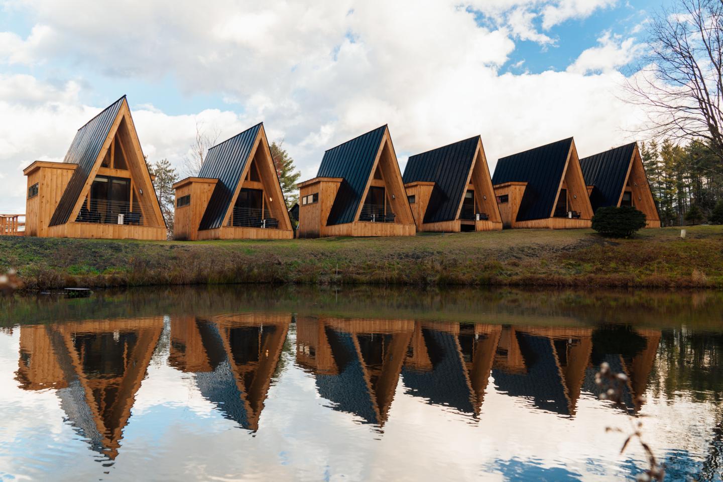 Exterior view of the cabins at AWOL Stowe in Stowe, VT