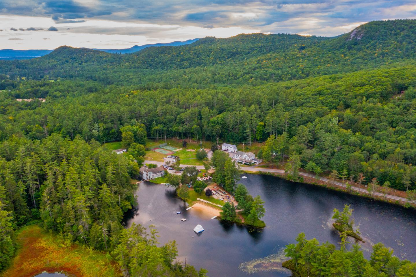 High aerial view of Purity Spring Resort in Madison, New Hampshire