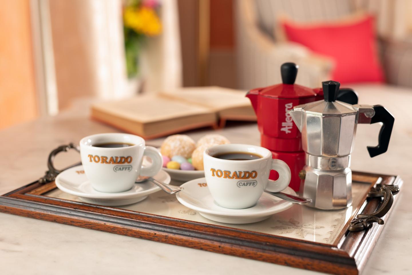 espresso coffee cups and pot on serving tray