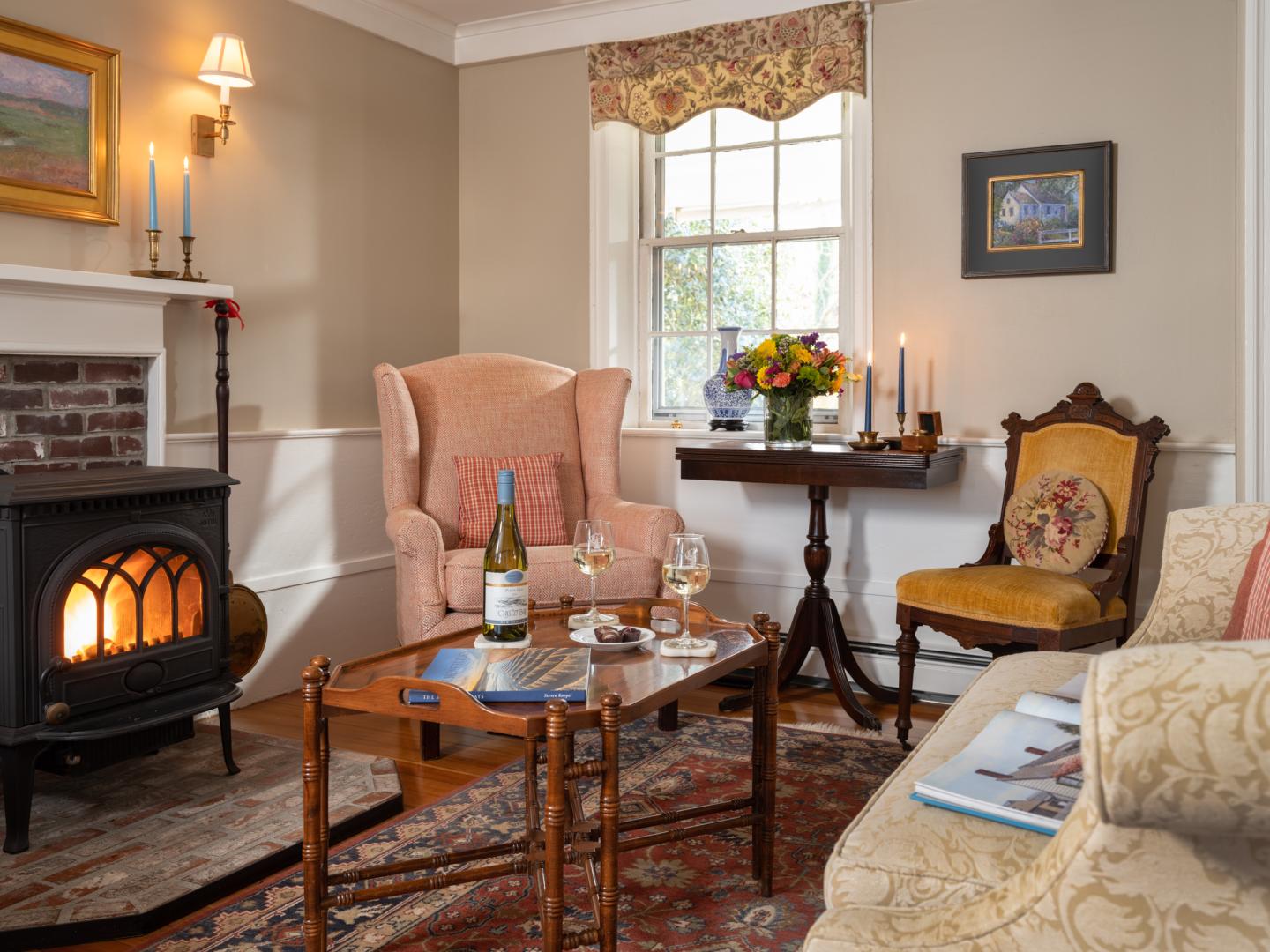 Sitting Room couch, chairs, table and stove