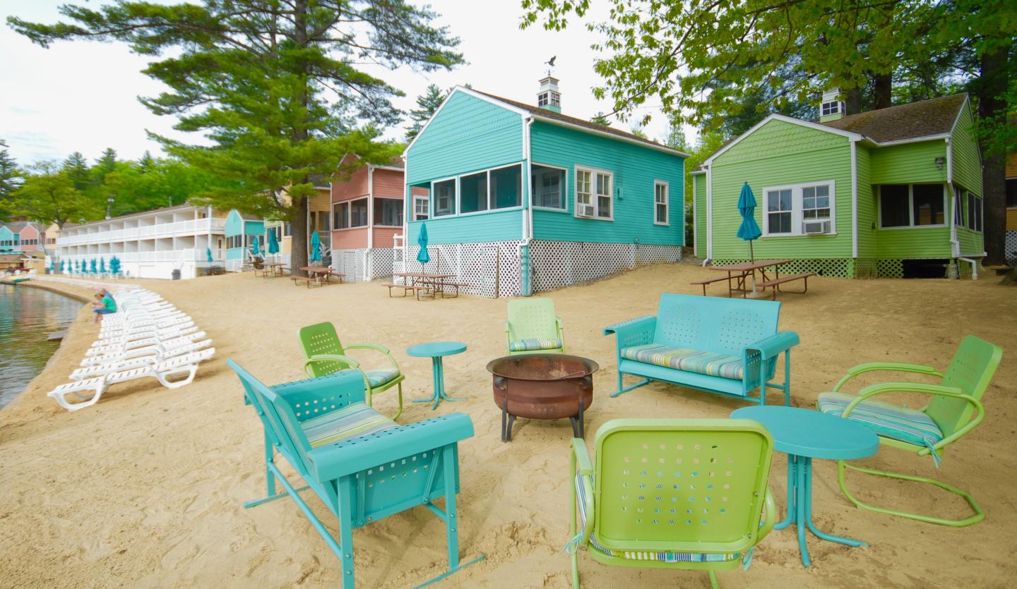 Campfire with colorful cottages