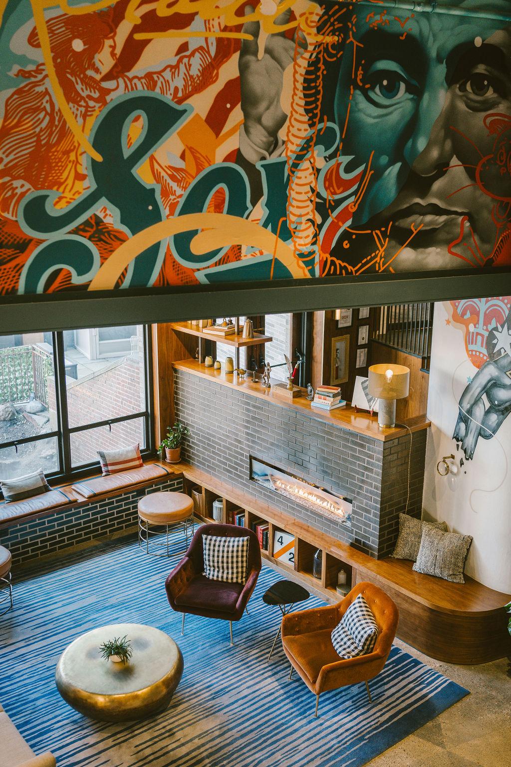 Lobby view from the second floor balcony at The Revolution Hotel