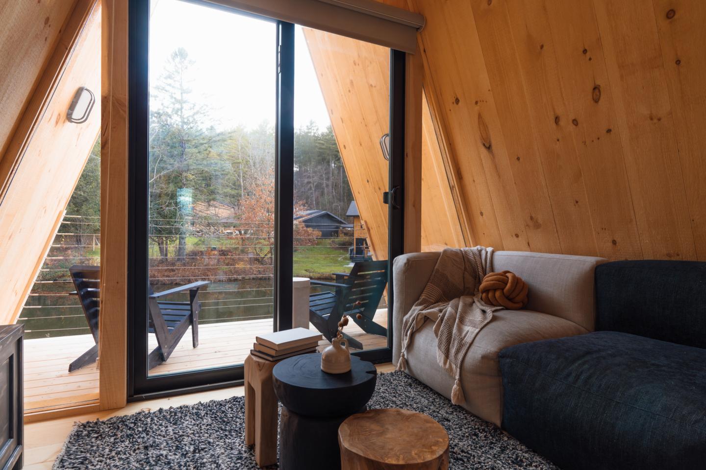 View from inside a cabin at AWOL Stowe in Stowe, VT
