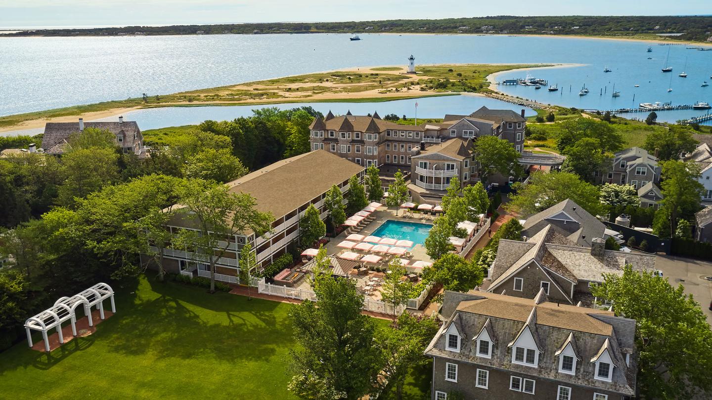 Aerial view of Harbor View Hotel and Edgartown Harbor 