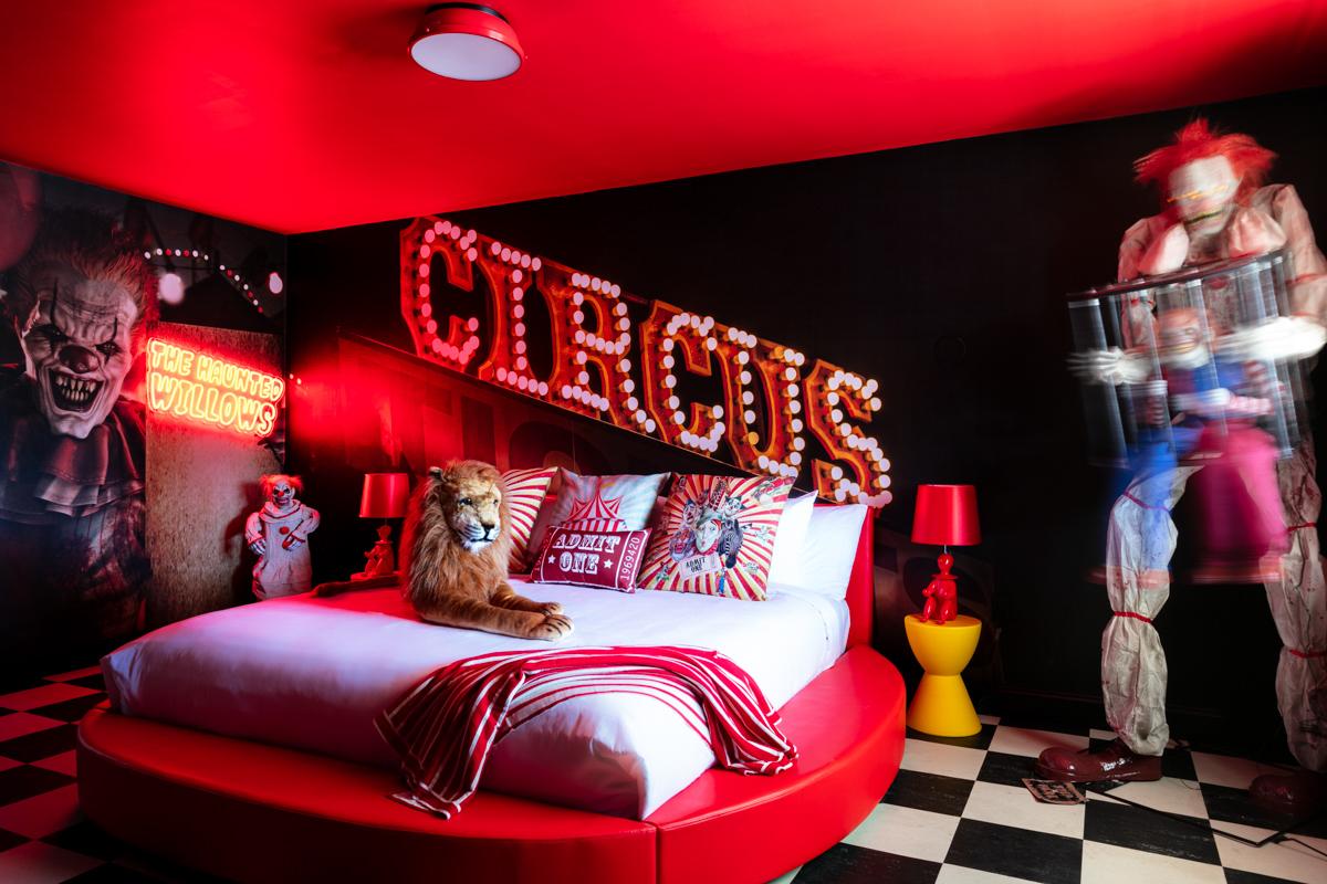 Circus themed guest room at The Cove Hotel in Salem, MA