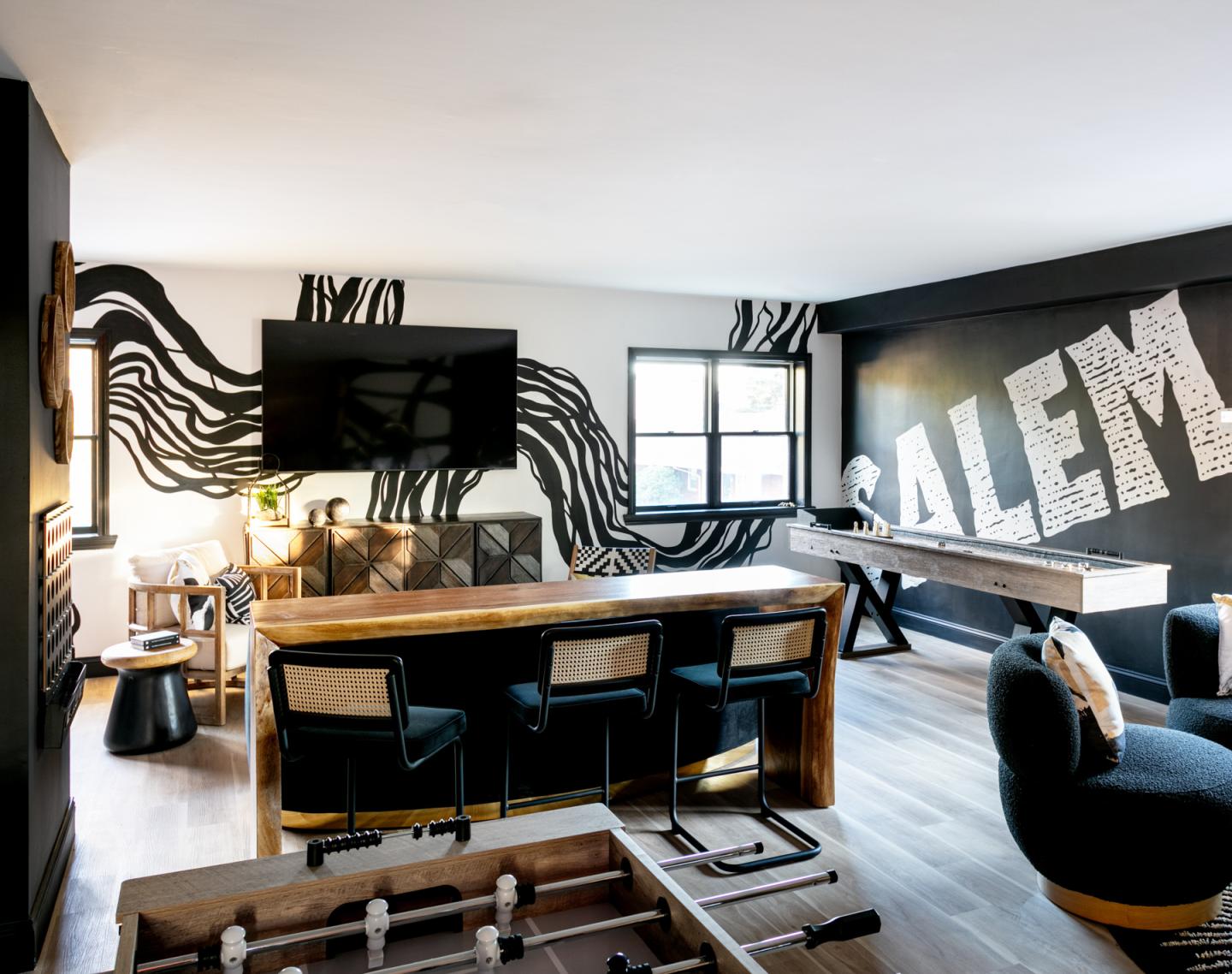 Two-story clubroom with lounge, workbar and game room at The Cove in Salem, MA