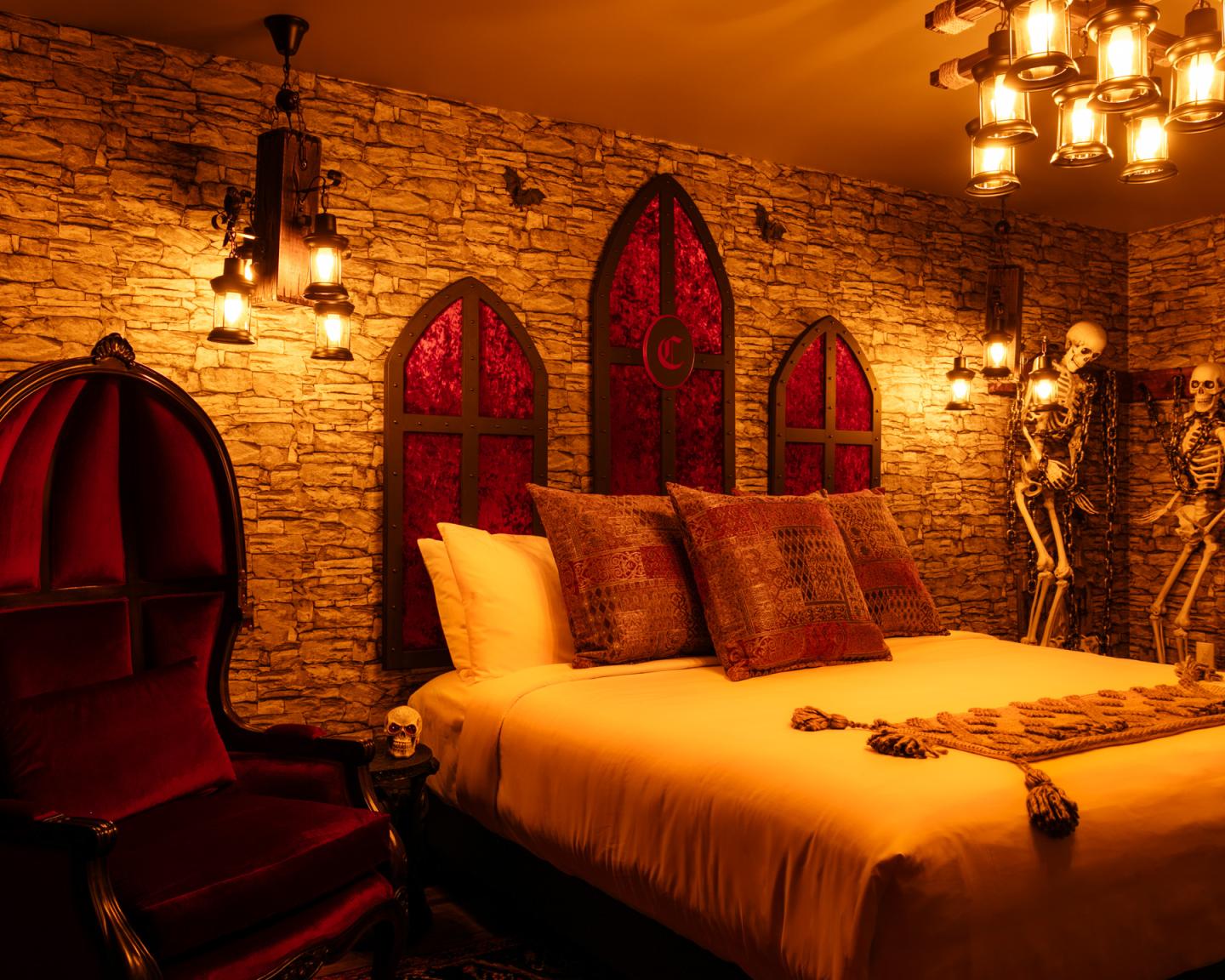 Medieval themed guest room at The Cove Hotel in Salem, MA