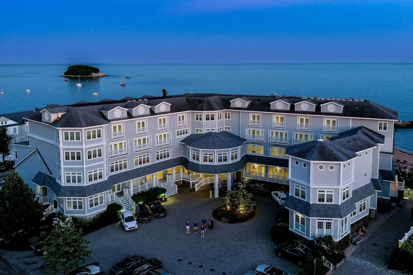 Aerial shot of Madison Beach Hotel looking toward Long Island Sound 