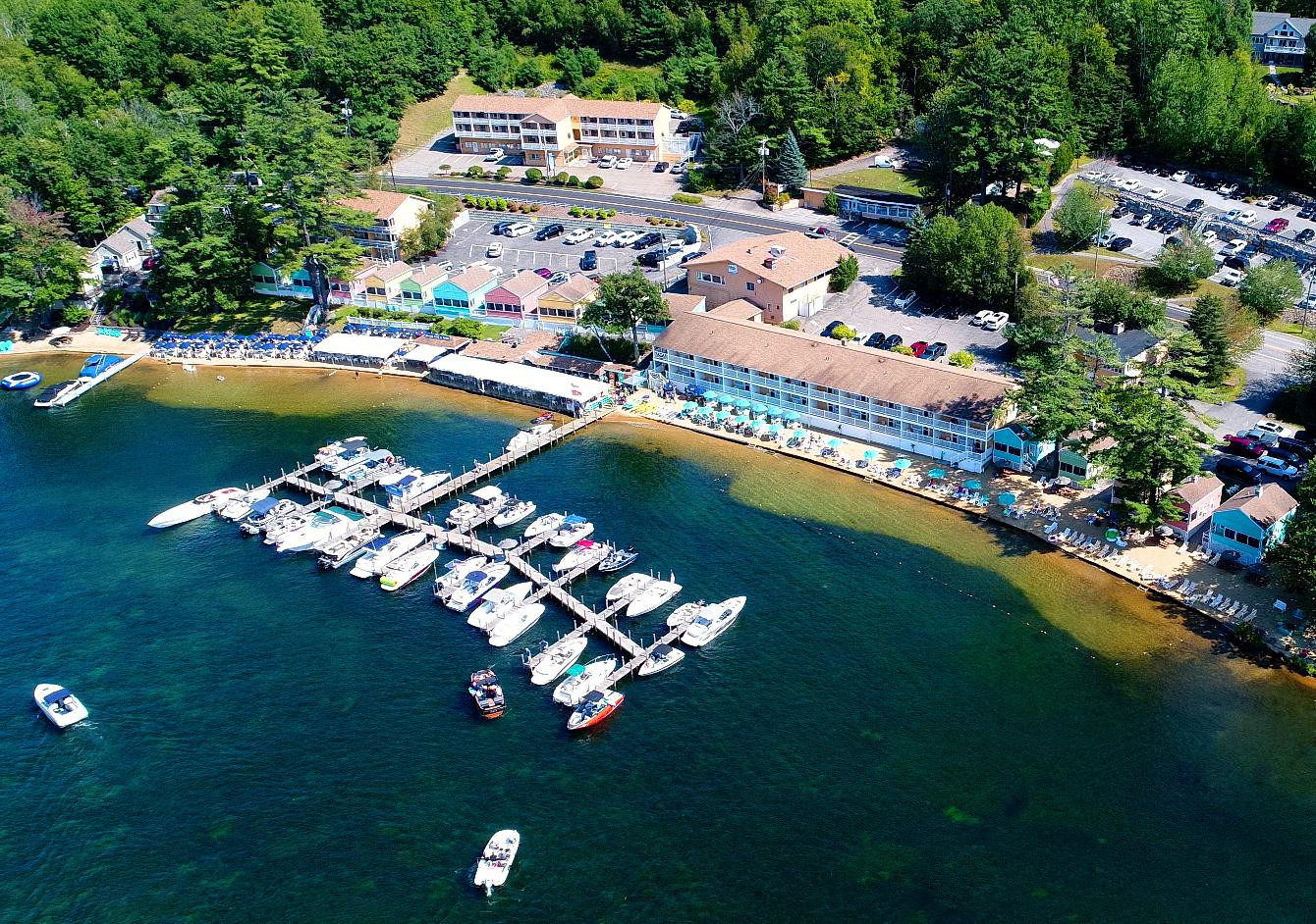 The NASWA Resort Aerial with Docks and Lakefront Rooms