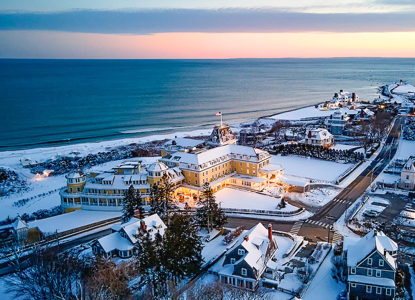 Aerial view of the Ocean House in the winter