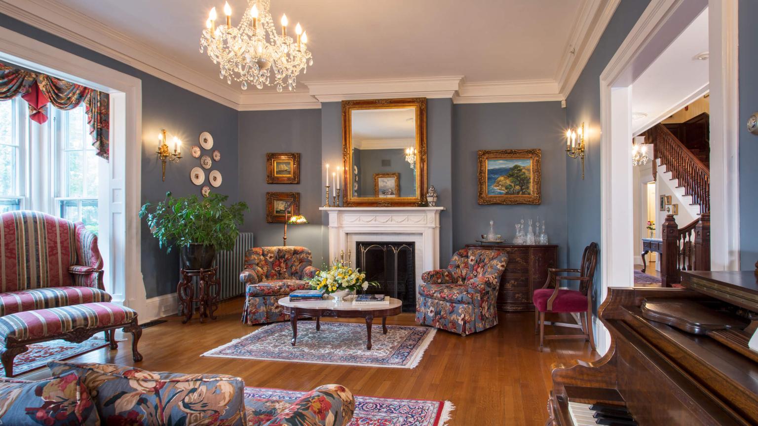 Sitting Room in La Farge Perry House with Fireplace and Piano