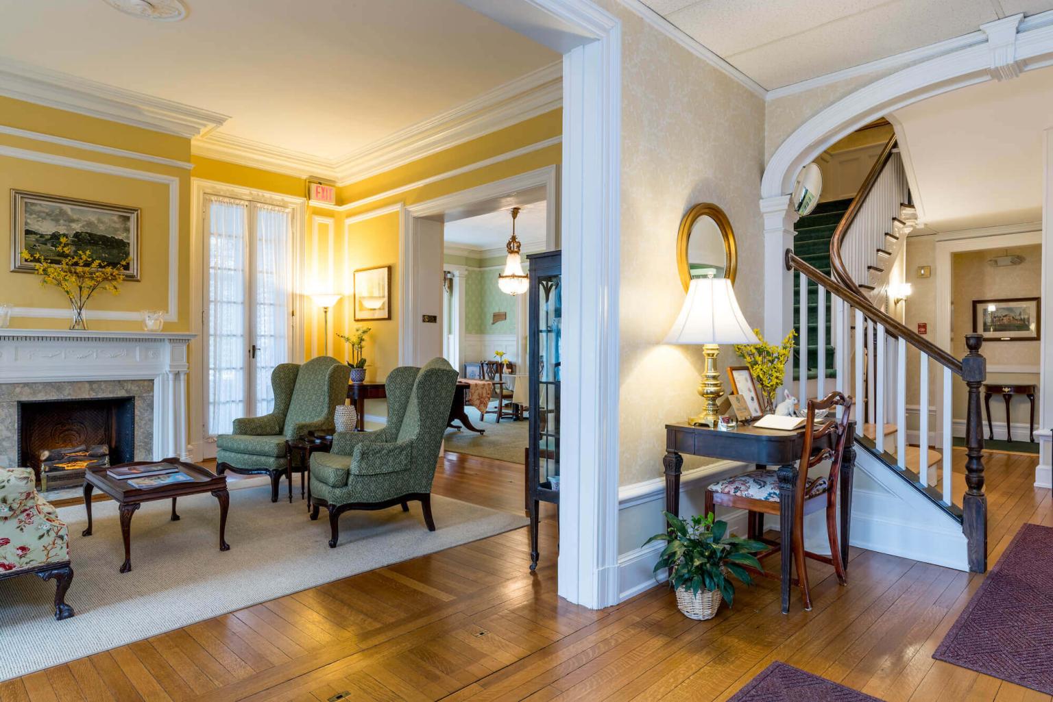 Front hallway, living room, and dining room of Stanton House Inn, a downtown Greenwich, CT, bed and breakfast inn