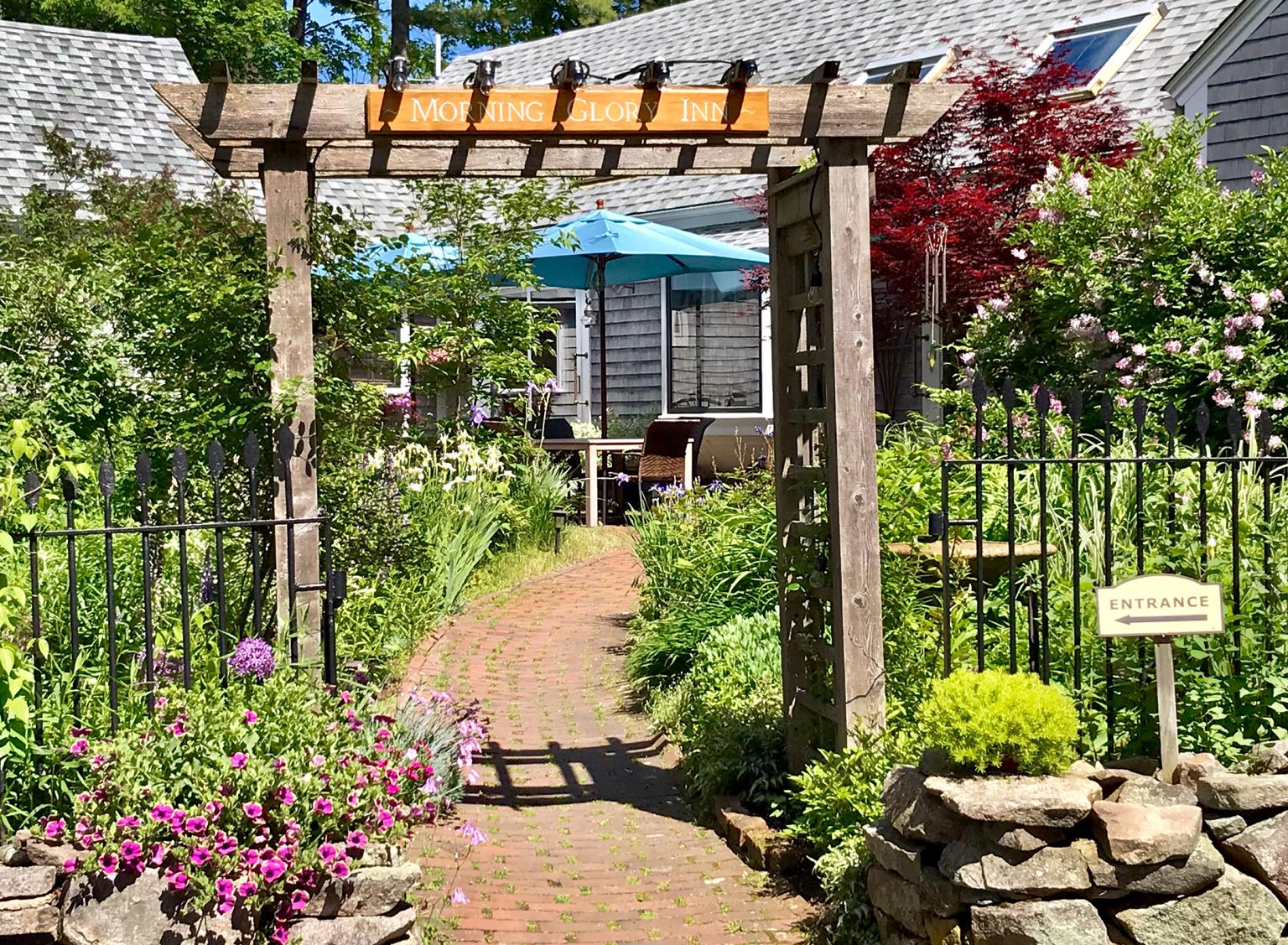 Morning Glory Inn entrance, June flowers