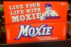 A box of Moxie soda